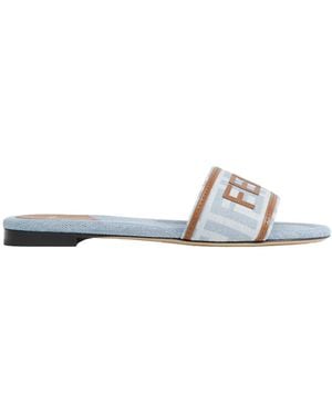 Fendi Ff Nylon Denim And Leather Sllides - White
