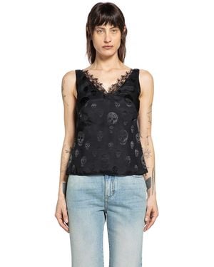 McQueen Skull Print Lace Trim Top - Black