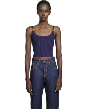 Versace Stretch Viscose Mesh Ribbed Knit Top - Blue