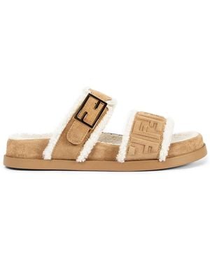 Fendi Ff Suede And Shearling Sandals - Metallic