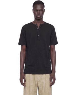 Ziggy Chen Henley Neck Gathered T-Shirt - Black