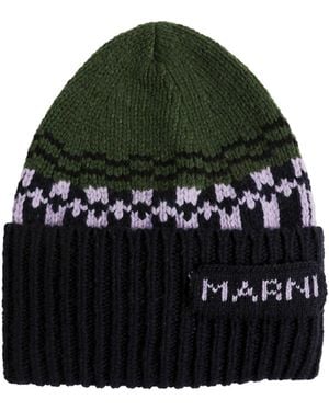 Marni Geometric Motif Wool Beanie - Green