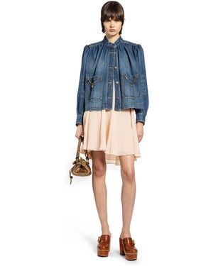 Chloé High Neck Gathered Denim Jacket - Blue