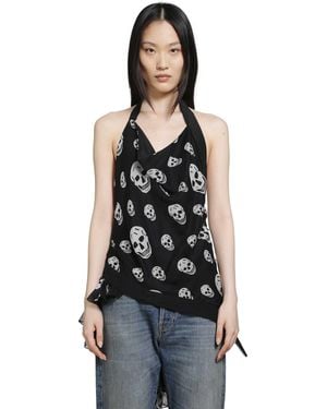 McQueen Skull Print Asymmetric Top - Black