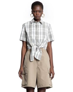 Burberry Cropped Check Cotton Short Sleeve Shirt - Natural