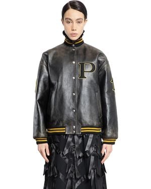 Prada Leather Bomber Jacket With Patch - Black