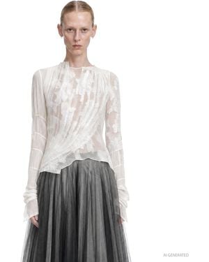 Marc Le Bihan Pleated Lace Long Sleeve Top - Gray