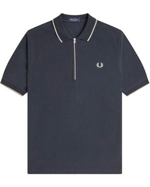 Fred Perry Crepe Pique Zip Neck Polo Shirt - Blue