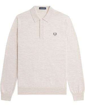 Fred Perry Knitted Merino Long Sleeve Polo Shirt - White
