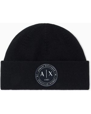 ARMANI EXCHANGE Bonnet En Maille Côtelée Avec Revers Et Écusson Brodé - Noir