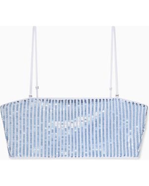 ARMANI EXCHANGE Bright Striped Sequin Mesh Top - Blue