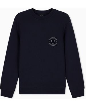 ARMANI EXCHANGE Sweat À Col Rond En Piqué De Coton Stretch Avec Écusson - Bleu