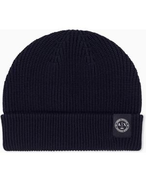 ARMANI EXCHANGE Bonnet Côtelé À Revers En Mélange De Laine Et Coton - Bleu