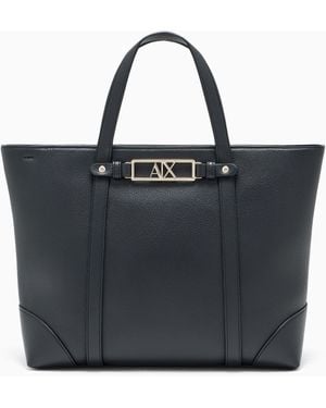 ARMANI EXCHANGE Tote Bag With Dual Handles And A Metal Logo Plaque - Blue
