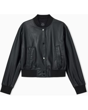 ARMANI EXCHANGE Faux Leather Bomber Jacket With Ribbed Edges - Black