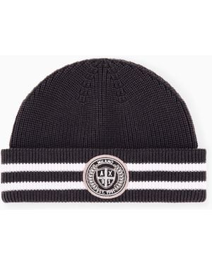 ARMANI EXCHANGE Beanie Hat Virgin Wool And Cotton Blend - Blue