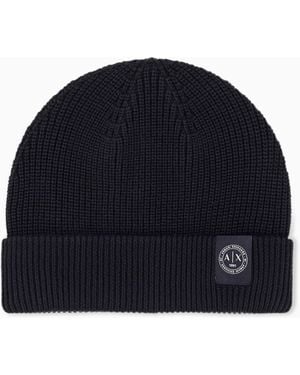 ARMANI EXCHANGE Bonnet Côtelé À Revers En Mélange De Laine Et Coton - Bleu