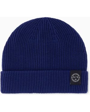 ARMANI EXCHANGE Bonnet Côtelé À Revers En Mélange De Laine Et Coton - Bleu