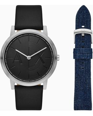 ARMANI EXCHANGE Reloj De Dos Manecillas Con Correas De Piel Negra Y Denim - Negro