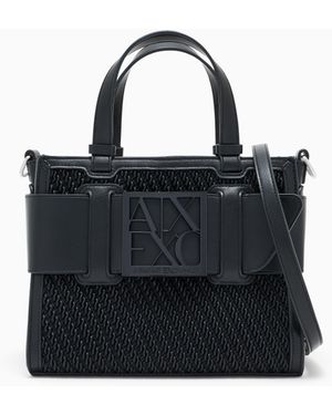 ARMANI EXCHANGE Borsa Shopping Goffrata Con Placca Logo E Tracolla - Nero