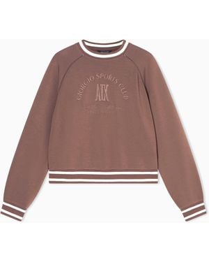 ARMANI EXCHANGE College-Style Crewneck Sweatshirt With Logo And Profiles - Brown