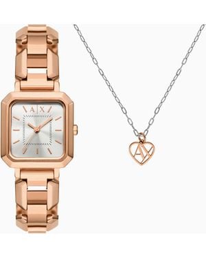 ARMANI EXCHANGE Three-Hand Rose-Tone Stainless Steel Watch And Necklace Set - Multicolour
