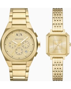 ARMANI EXCHANGE Sync Chronograph-Tone Stainless Steel Watch Pair Gift Set - Metallic