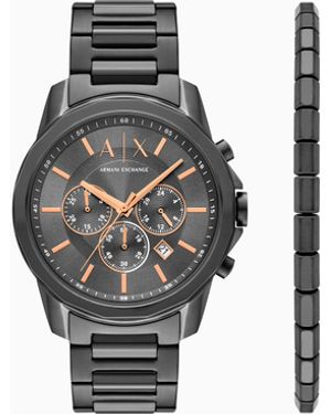 ARMANI EXCHANGE Chronograph Gunmetal Stainless Steel Watch And Bracelet Gift Set - White