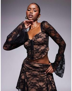 ASOS Co-Ord Lace Long Sleeve Top With Tie Bust Detail - Black