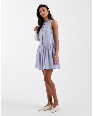 Brave Soul Slash Neck Button Down Dropped Waist Mini Dress - Blue
