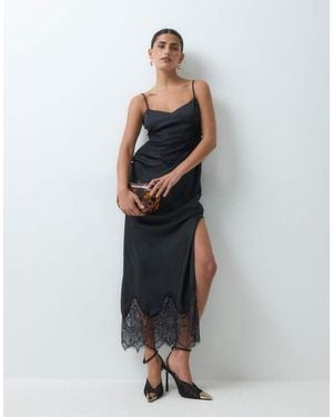 ASOS Vestido Maxi Lencero De Satén Y Encaje En - Negro