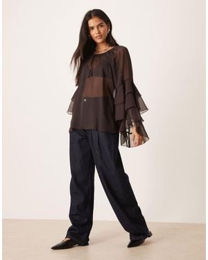 Glamorous Boho Ruffle Sheer Blouse With Fluter Sleeve - Blue