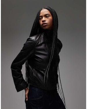 Mango Leather Funnel Neck Jacket - Black