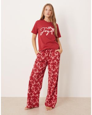Threadbare Short Sleeve Joy Print Pajamas With Pattern Pants - Red