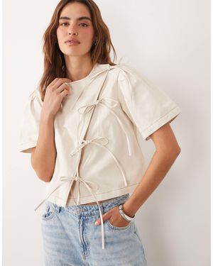 Ghospell Cotton Asymmetric Bow Detail Boxy Short Sleeve Top - White
