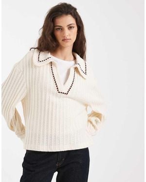 Miss Selfridge Cable Stitch Long Sleeve Top With Collar - White
