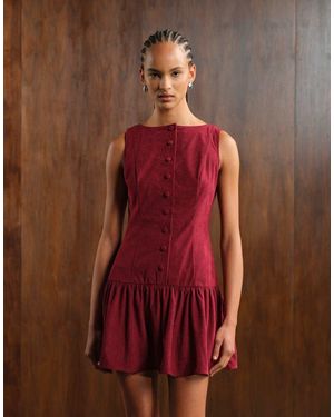 ASOS Cord Slash Neck Button Down Dropped Waist Mini Dress - Red