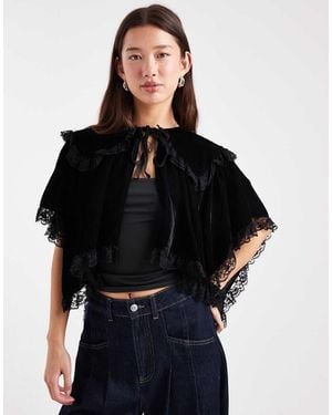 Miss Selfridge Velvet And Lace Cape - Black