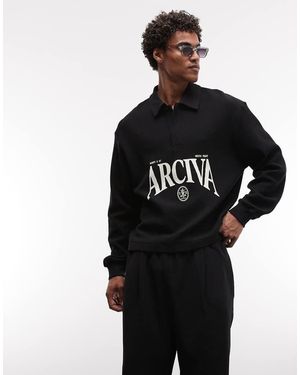 ASOS Relaxed Boxy Ottoman Textured Polo With Text Graphic - Black