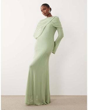 ASOS Modesty Mesh Maxi Dress With Overlay Draped Neckline Detail - Green