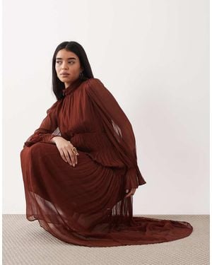 Mango High Neck Boho Tiered Sheer Long Sleeve Midaxi Dress - Brown