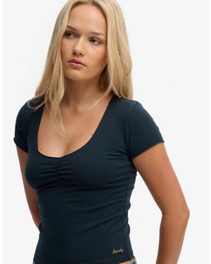 Superdry – athletic essentials – kurzärmliges gerafftes oberteil - Blau