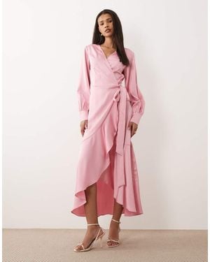 Vila Long Sleeve Satin Wrap Midi Dress - Pink