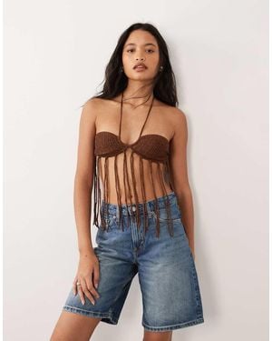 Miss Selfridge Festival Crochet Knit Tassle Bra Top - Blue