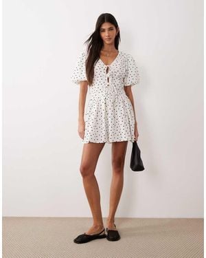 Wednesday's Girl Dot Short Sleeve Smock Mini Dress - Natural