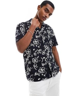 SELECTED Linen Mix Revere Collar Shirt With Print - Blue