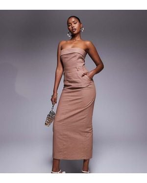 Kaiia Exclusive Linen Tailored Fold Over Bandeau Back Split Maxi Dress - Brown