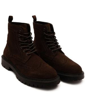 OFF THE HOOK Neo Suede Leather Lace-Up Ankle Boots With Brogue Detailing - Black