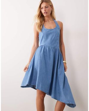 ASOS Denim Scoop Neck Midi With Asymmetric Hem - Blue