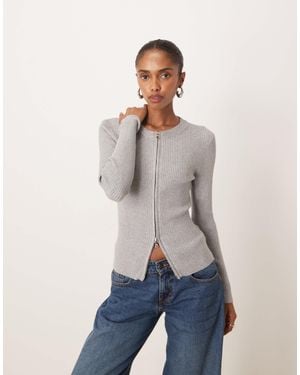 Motel Liano Ribbed Long Sleeve Zip Up Cardigan - Grey